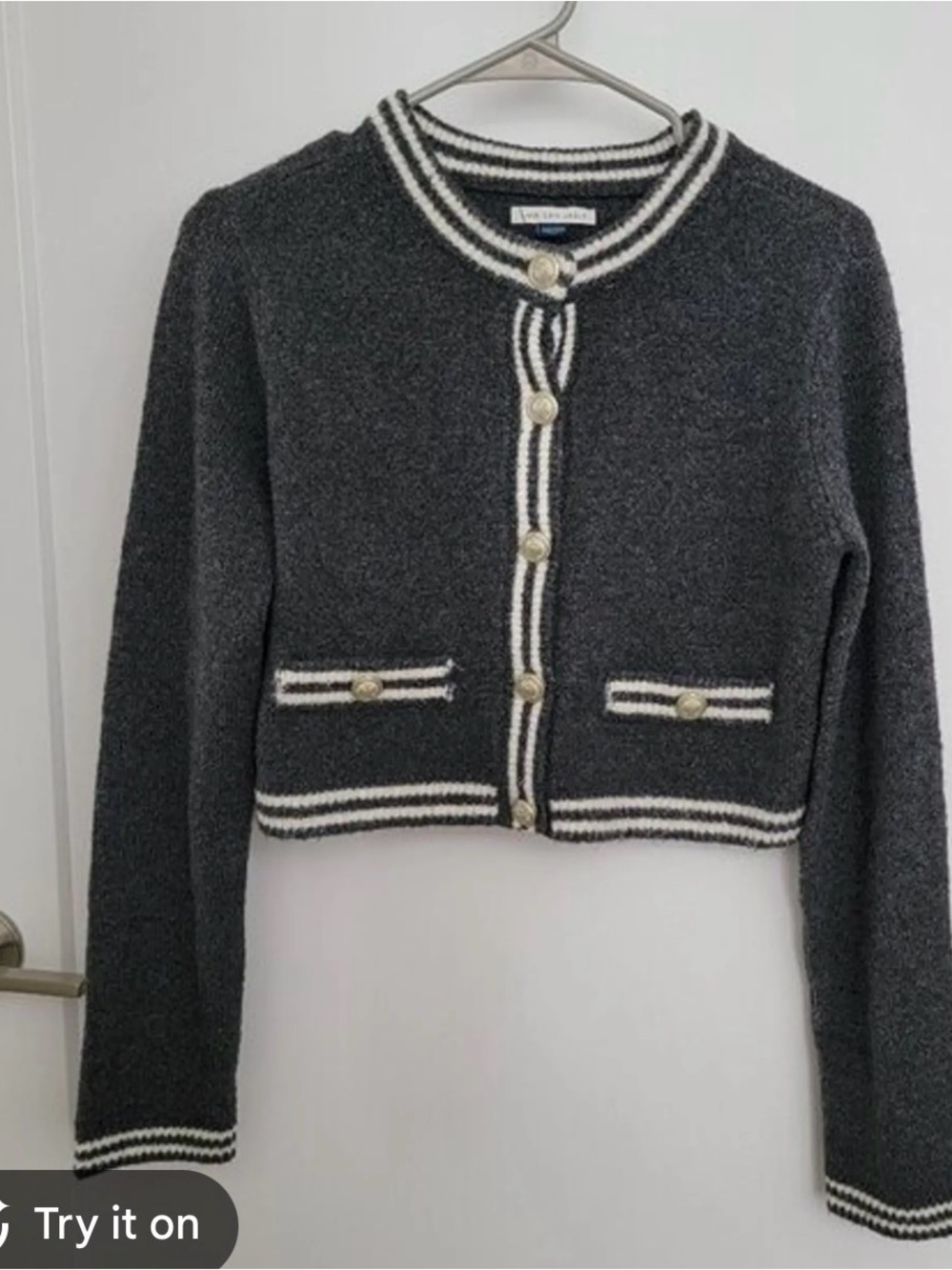 American Eagle Outfitters Charcoal Knit Cardigan with Ivory Trim